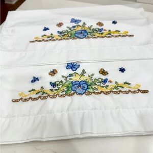 Vintage Embroidered White Pillowcases with butterfly Design